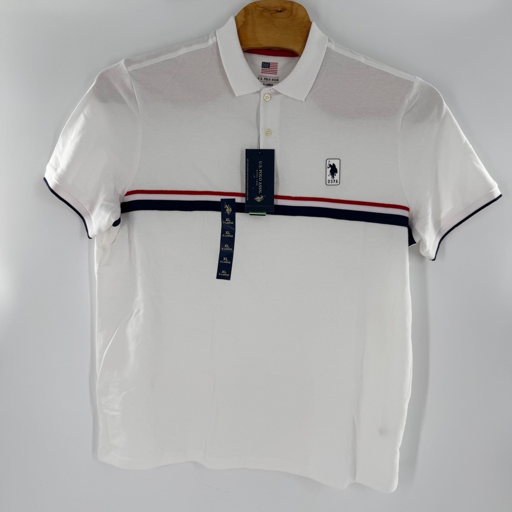 US Polo Assn Mens XL White Stripe Short Sleeve Cotton Pique Polo Shirt NWT